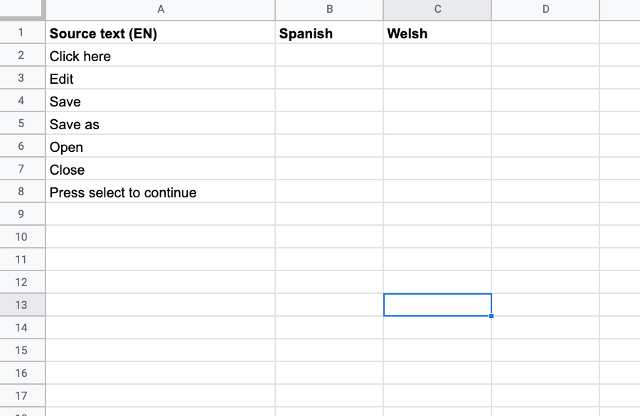Source text for Google sheets translation of text