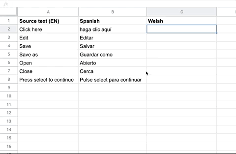 Translate google sheets text into Welsh
