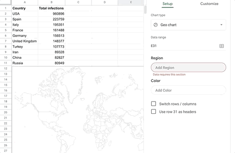 Setting the data range for the geo chart on Google sheets